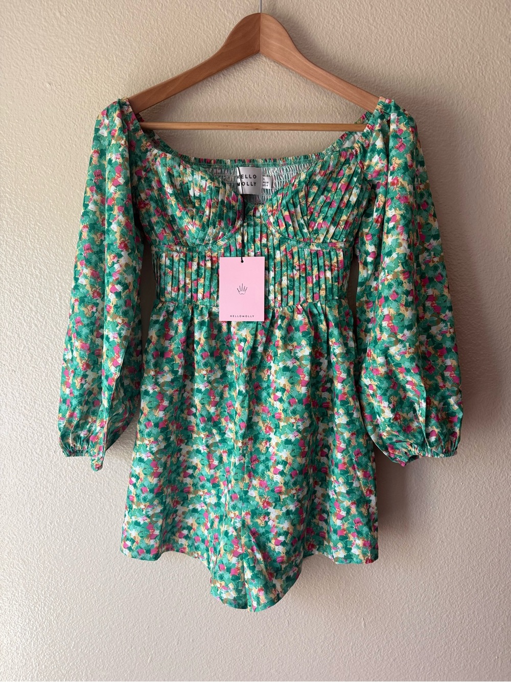 Hello Molly Green Floral Smocked Romper with Puff Sleeves